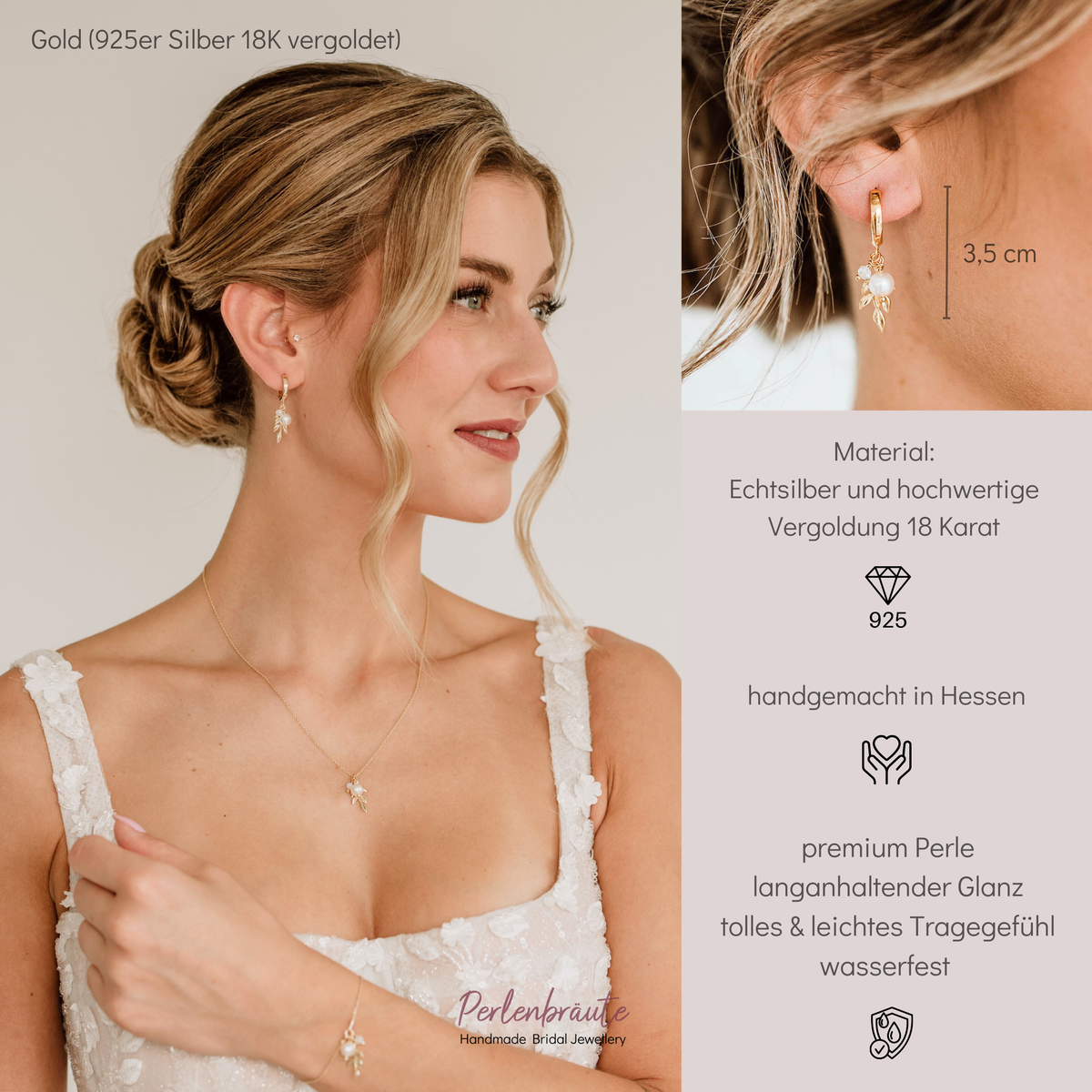 Filigrane Brautcreolen Resi aus 925 Sterlingsilber 18K vergoldet mit floralem Blattanhänger, veganer Perle und White Opal Kristall, am Model getragen