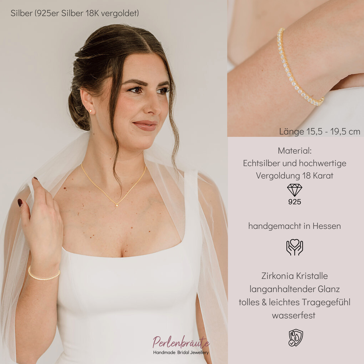 Brautarmband Sanna aus 925 Sterlingsilber 18K vergoldet mit durchgehender Reihe Zirkonia Kristallen, getragen von einem Model