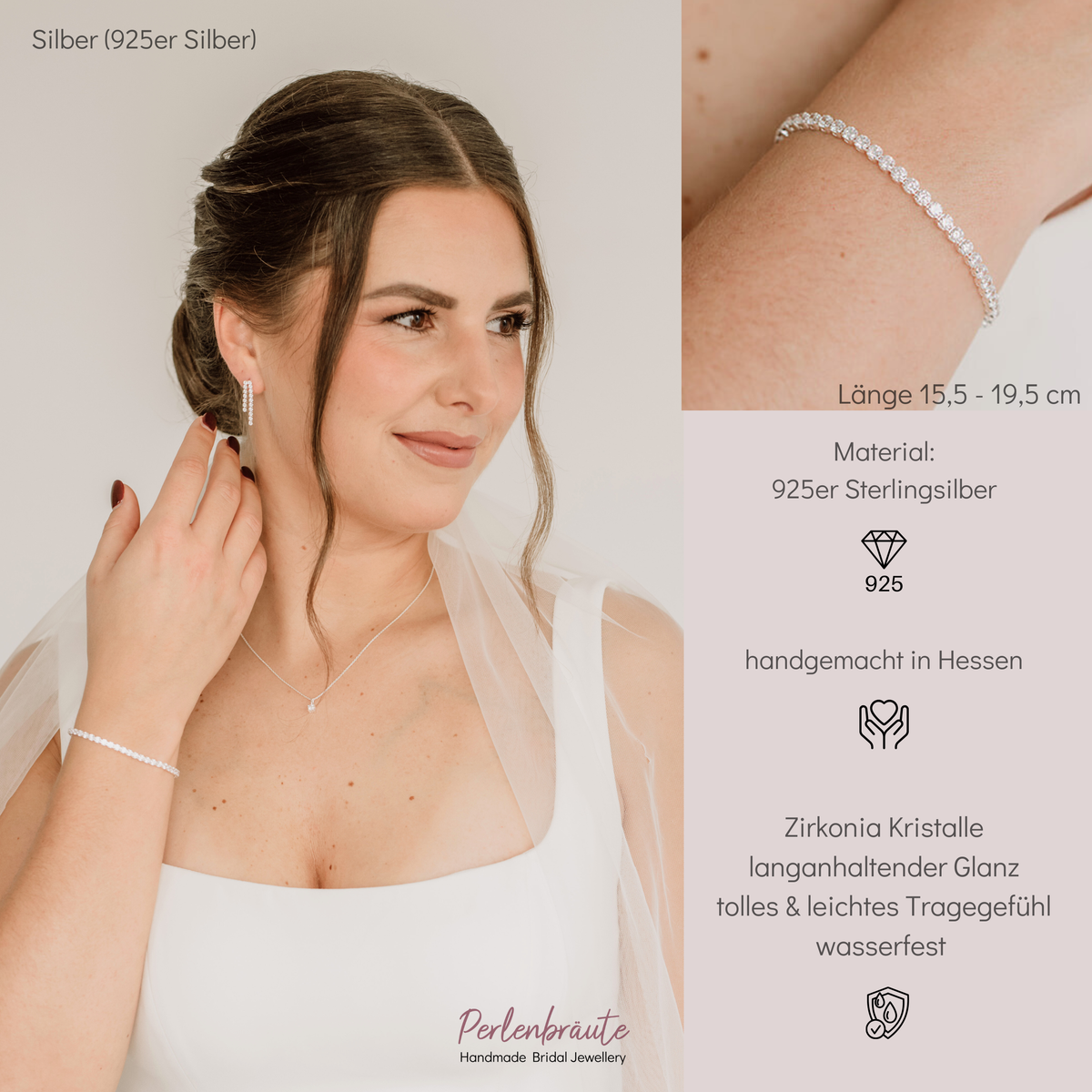Brautarmband Sanna aus 925 Sterlingsilber mit durchgehender Reihe Zirkonia Kristallen, getragen von einem Model