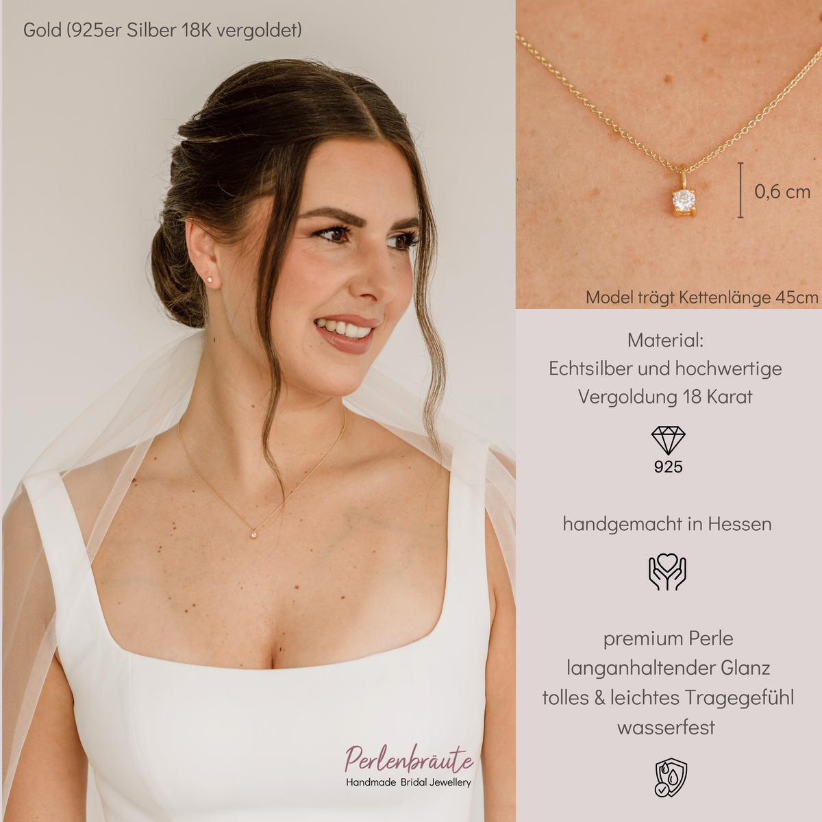 Klassische Brauthalskette Sanna aus 925 Sterlingsilber 18K vergoldet mit einem Zirkonia Kristall, getragen vom Model