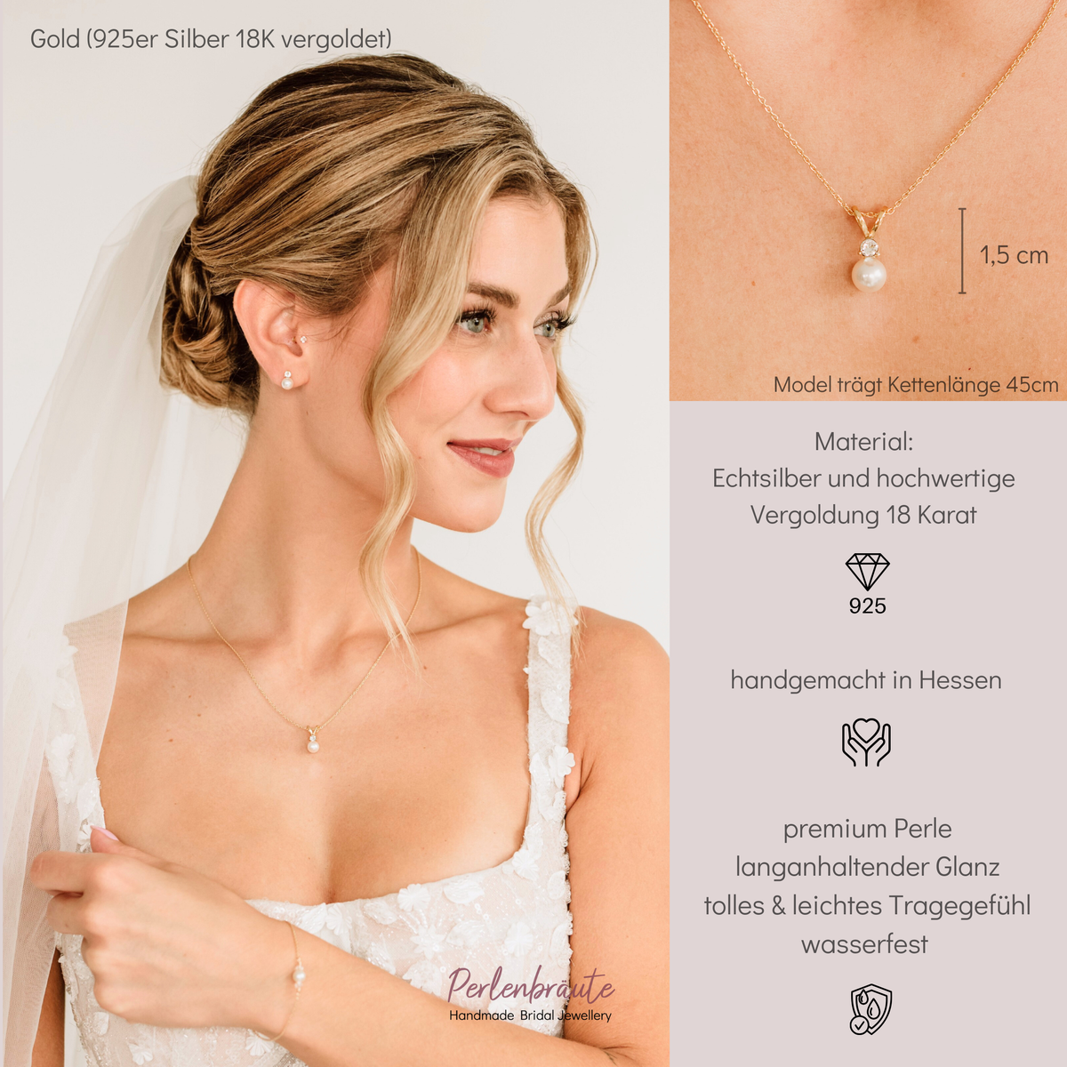 Smilla | Brauthalskette mit Perle und Zirkonia Kristall