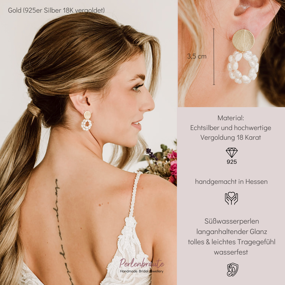 Statement Brautohrringe Solea aus 925 Sterlingsilber 18K vergoldet mit kleinen Süßwasserperlen im Ringdesign, am Model getragen