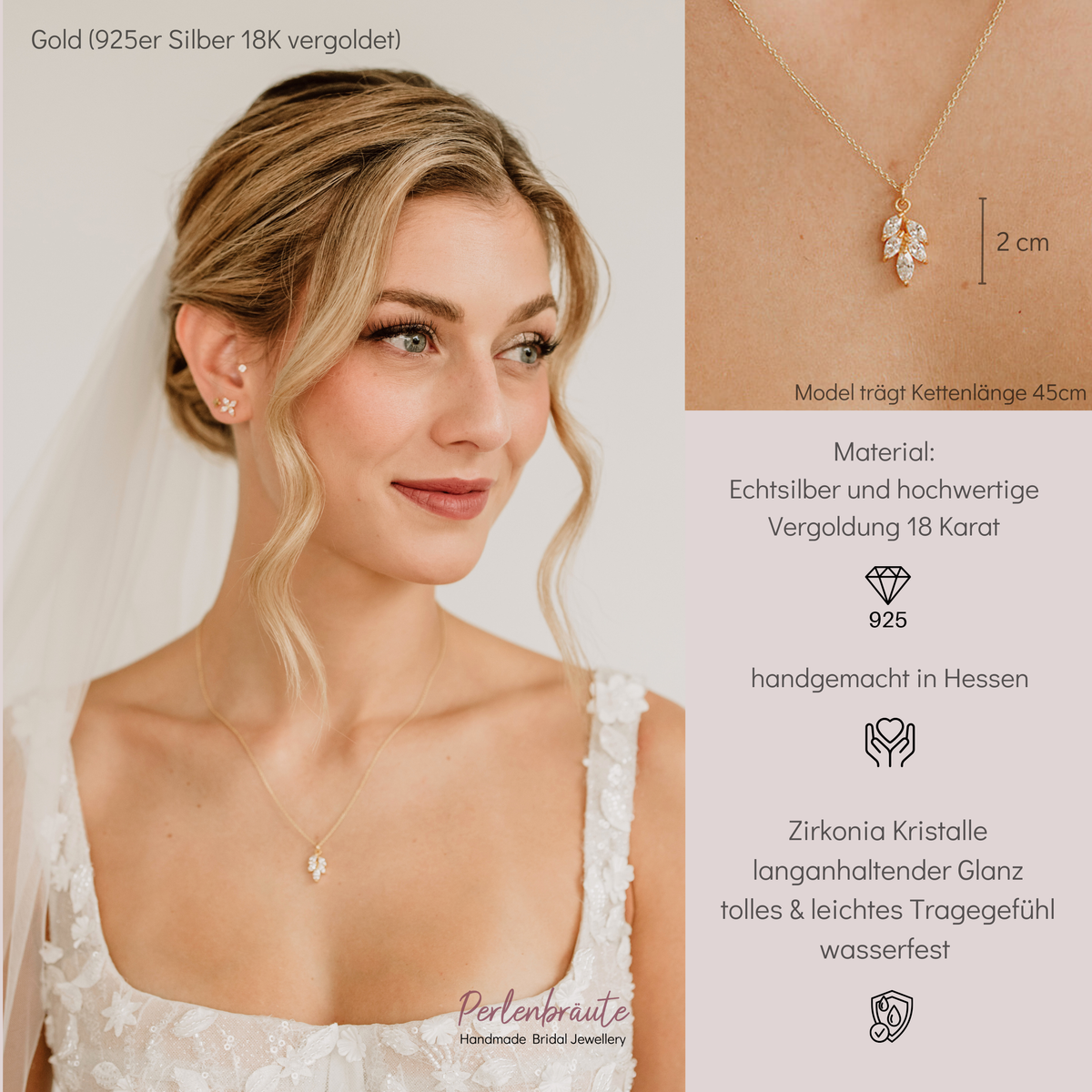 Tilla | Braut Halskette mit Zirkonia Blatt