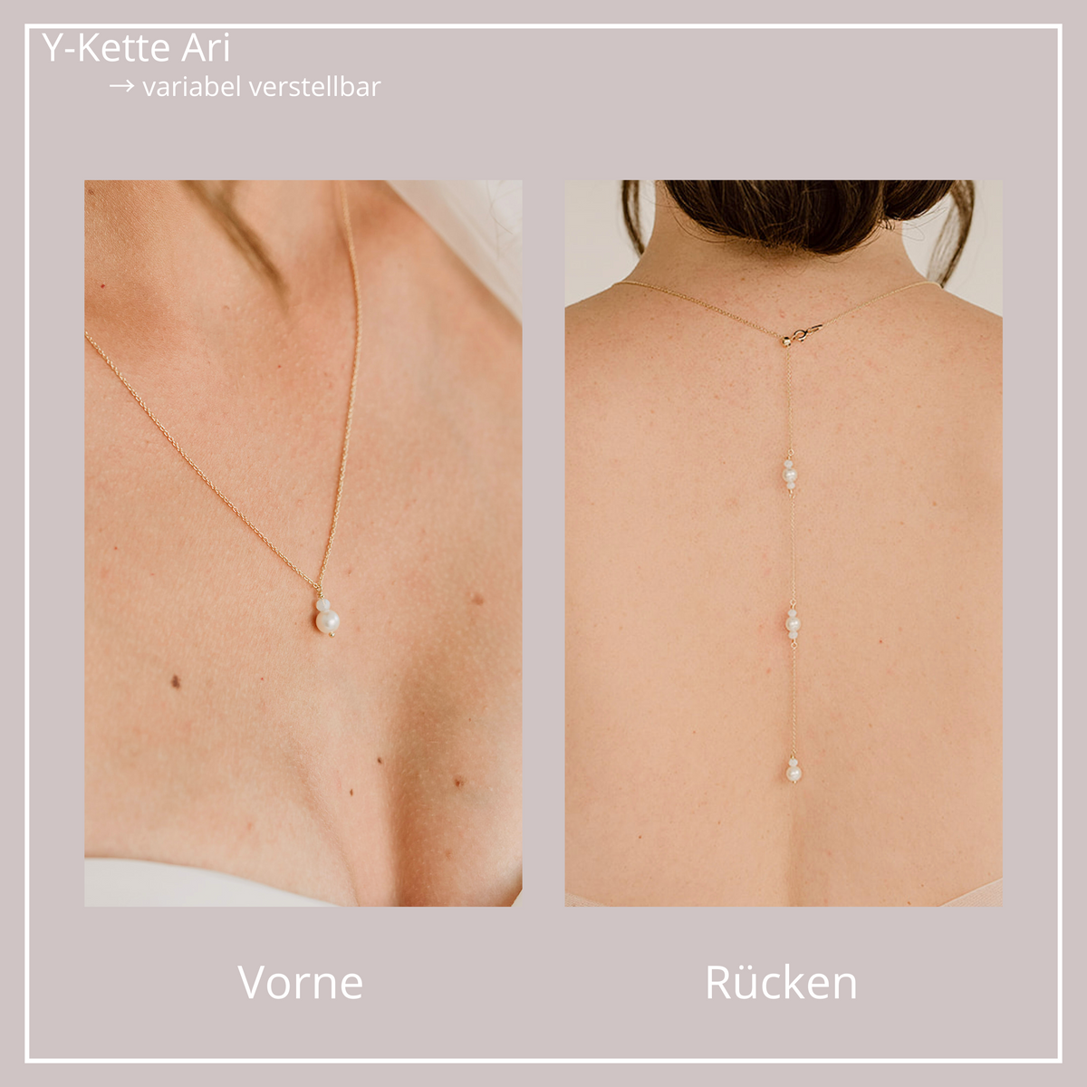 Braut Y-Halskette Ari mit Rückenkette aus 925 Sterlingsilber 18K vergoldet mit veganen Perlen und Kristallperlen, eine Perle mit Kristallperle am Dekolleté und mehrere Perlen mit Kristallperlen am Rücken