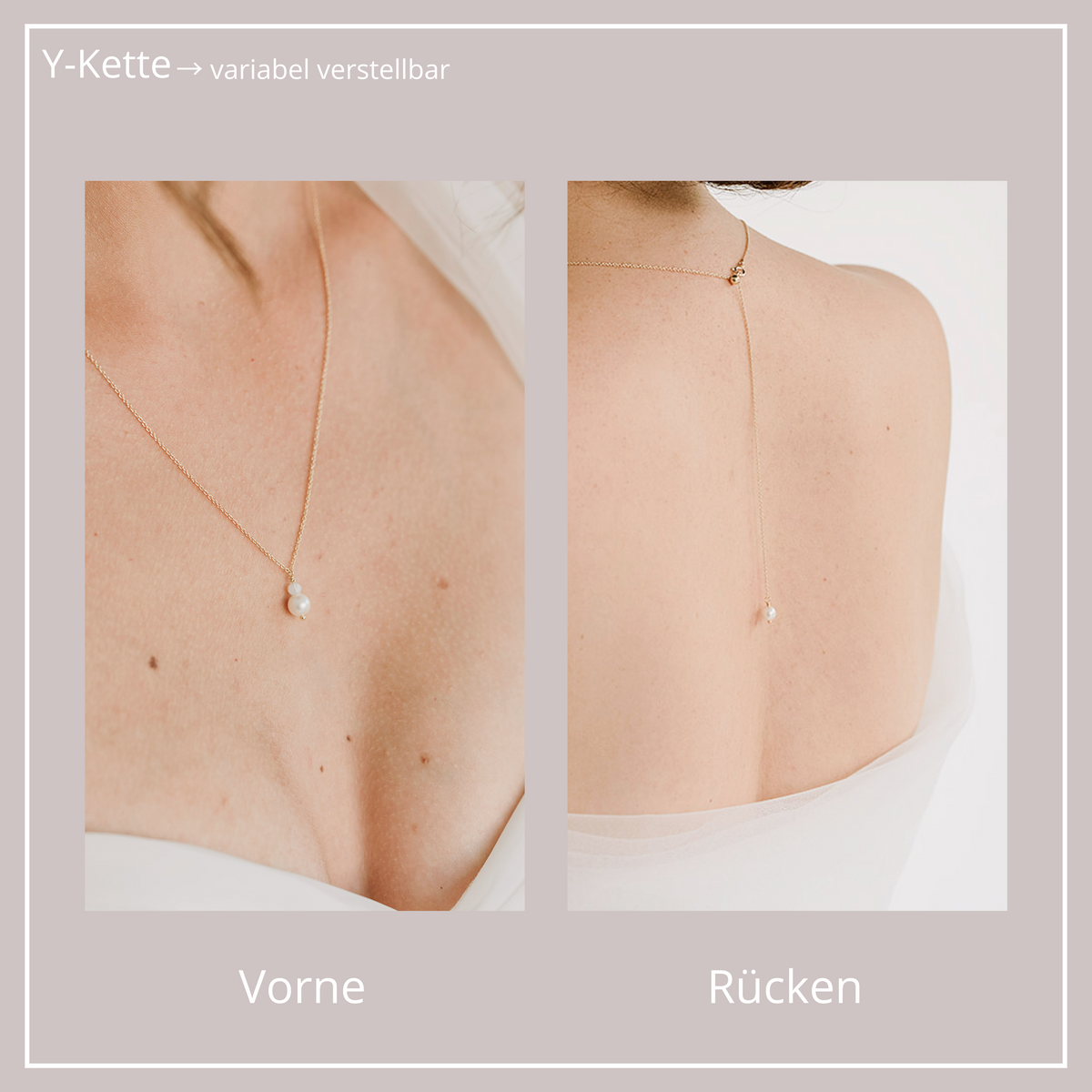 Braut Y-Halskette mit Rückenkette aus 925 Sterlingsilber 18K vergoldet mit veganen Perlen und Kristallperle, eine Perle mit Kristallperle am Dekolleté und eine Perle am Rücken
