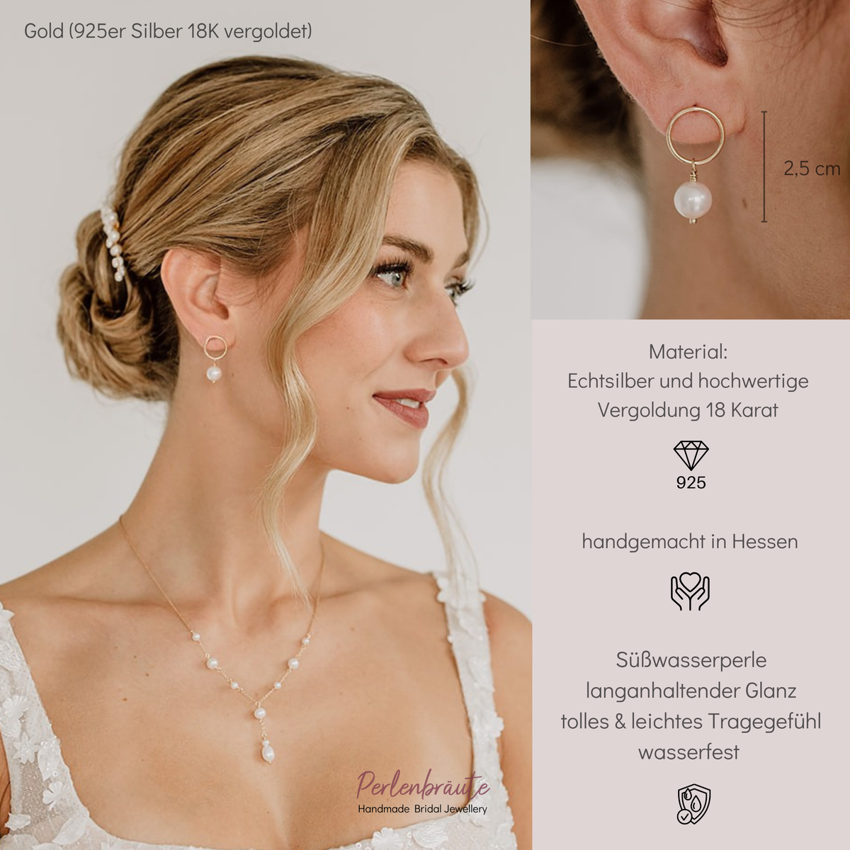 Brautohrringe Toni aus 925 Sterlingsilber 18K vergoldet mit echter Süßwasserperle, am Model getragen