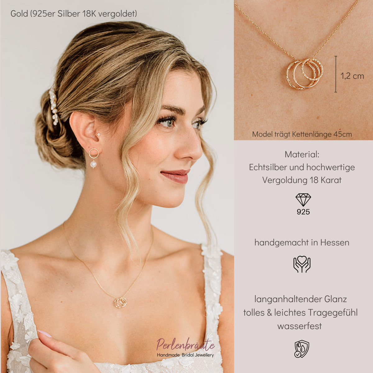 Brautkette Toni Trio aus 925 Sterlingsilber 18K vergoldet mit drei ineinander verschlungenen, unterschiedlich gemusterten Ringen, getragen von einem Model
