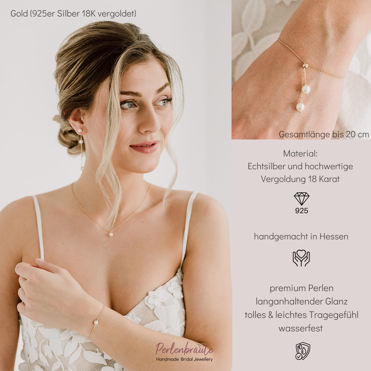 Brautarmband Valeria aus 925 Sterlingsilber 18K vergoldet mit hängenden veganen Perlen an einem Kettchen, verstellbar durch eine Stopperperle, am Model getragen