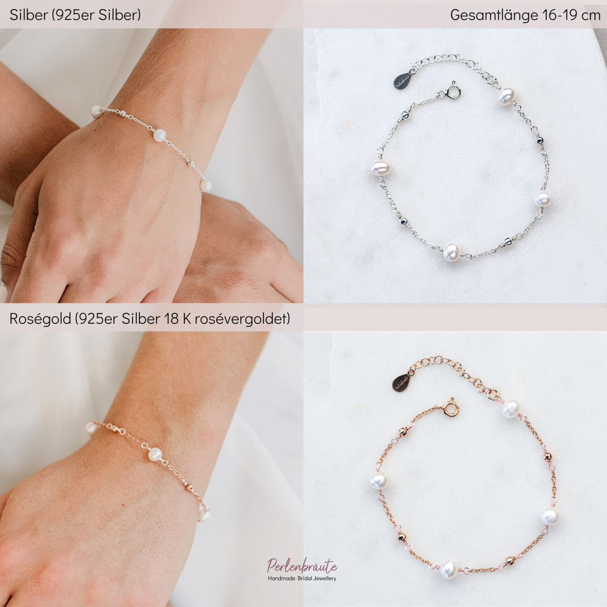 Im Vergleich - Edles Brautarmband Valli in Gold und Silber mit echten Süßwasserperlen und kleinen Kugeln aus Metall, am Model getragen in Nahaufnahme