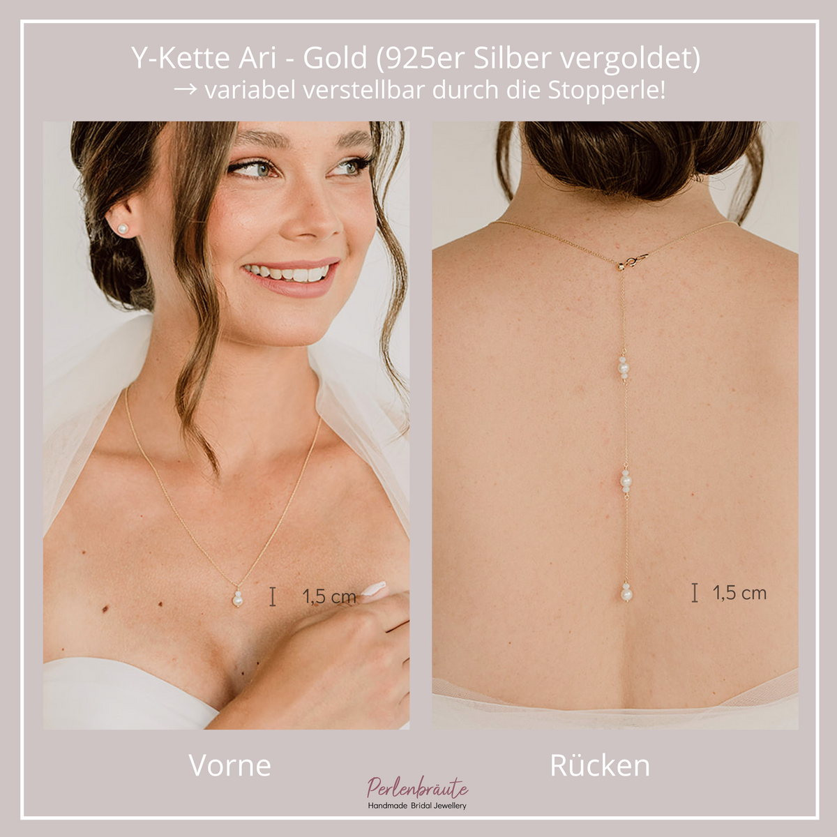 Braut Y-Halskette Ari mit Rückenkette aus 925 Sterlingsilber 18K vergoldet mit veganen Perlen und Kristallperlen, eine Perle mit Kristallperle am Dekolleté und mehrere Perlen mit Kristallperlen am Rücken