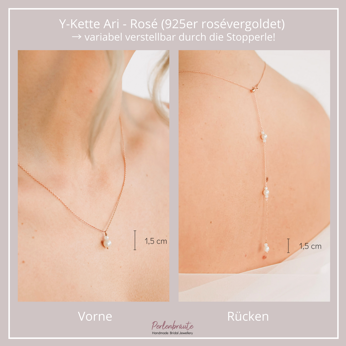Braut Y-Halskette Ari mit Rückenkette aus 925 Sterlingsilber 18K rosévergoldet mit veganen Perlen und Kristallperlen, eine Perle mit Kristallperle am Dekolleté und mehrere Perlen mit Kristallperlen am Rücken