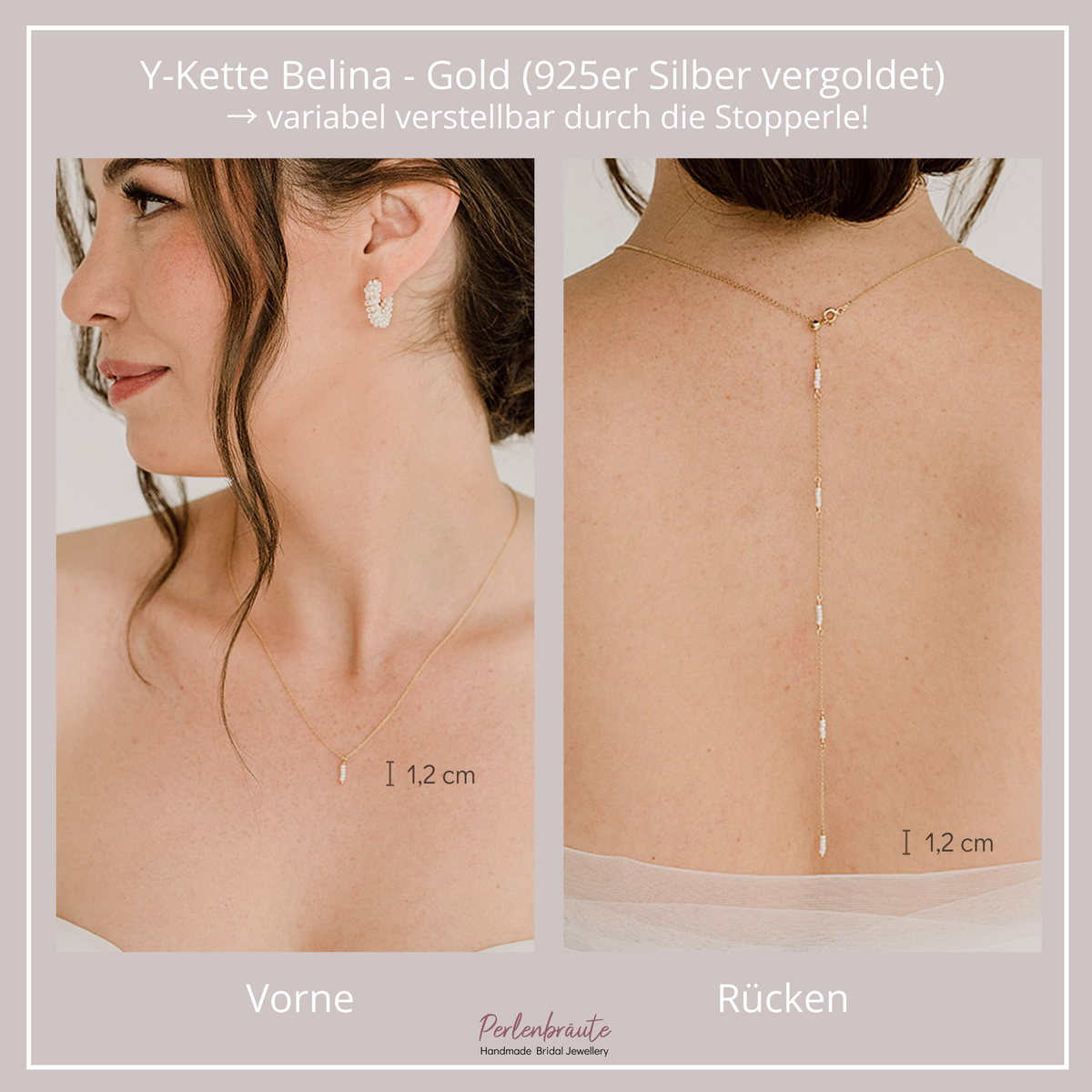 Braut Y-Kette Belina aus 925 Sterlingsilber 18K vergoldet – Rückenkette mit kleinen Perlen entlang der Kette und am Dekolleté ein kleiner Anhänger mit Perlen, getragen vom Model mit Vorder- und Rückansicht
