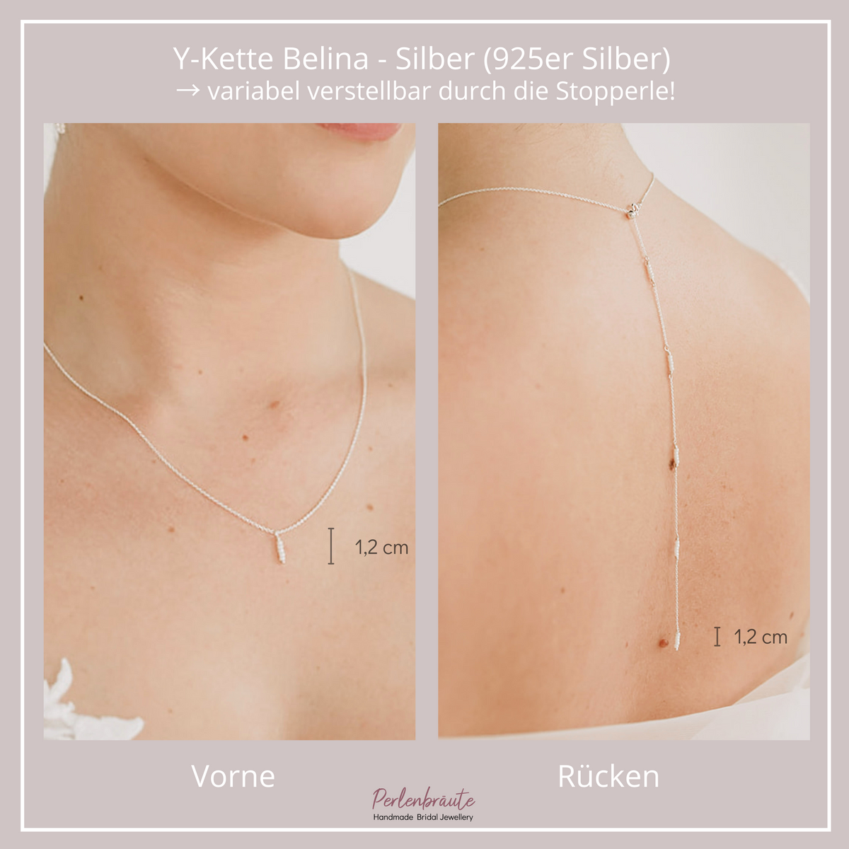 Braut Y-Kette Belina aus 925 Sterlingsilber – Rückenkette mit kleinen Perlen entlang der Kette und am Dekolleté ein kleiner Anhänger mit Perlen, getragen vom Model mit Vorder- und Rückansicht
