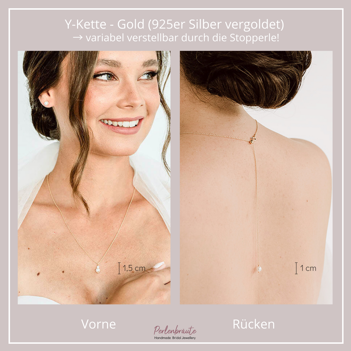 Braut Y-Halskette mit Rückenkette aus 925 Sterlingsilber 18K vergoldet mit veganen Perlen und Kristallperle, eine Perle mit Kristallperle am Dekolleté und eine Perle am Rücken