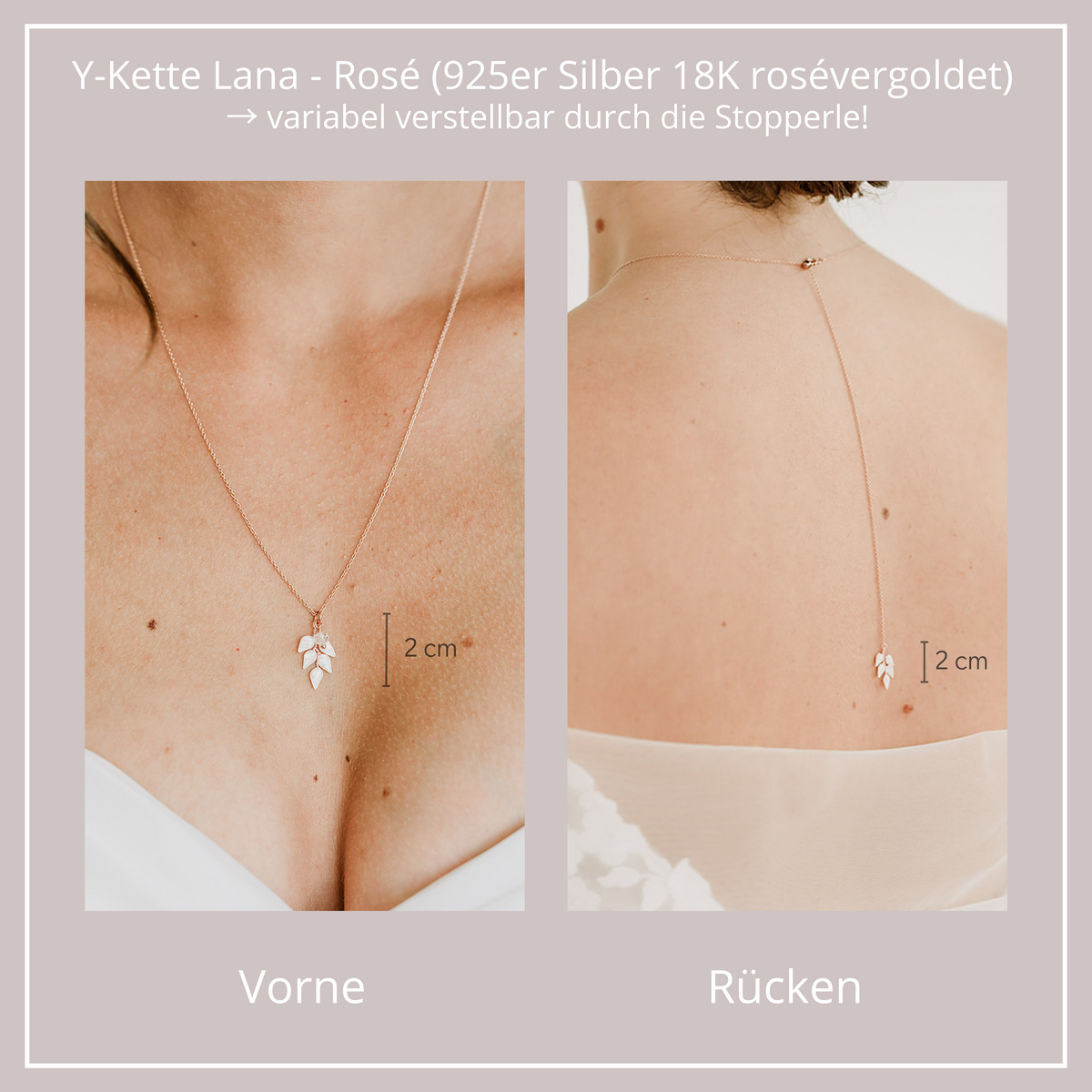 Romantische Braut Y-Kette Lana aus 925 Sterlingsilber 18K rosévergoldet – ivoryfarbener Blattanhänger mit Kristallperle am Dekolleté, Blattanhänger am Rücken