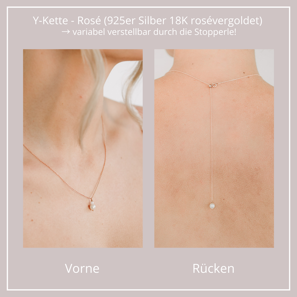 Braut Y-Halskette mit Rückenkette aus 925 Sterlingsilber 18K rosévergoldet mit veganen Perlen und Kristallperle, eine Perle mit Kristallperle am Dekolleté und eine Perle am Rücken