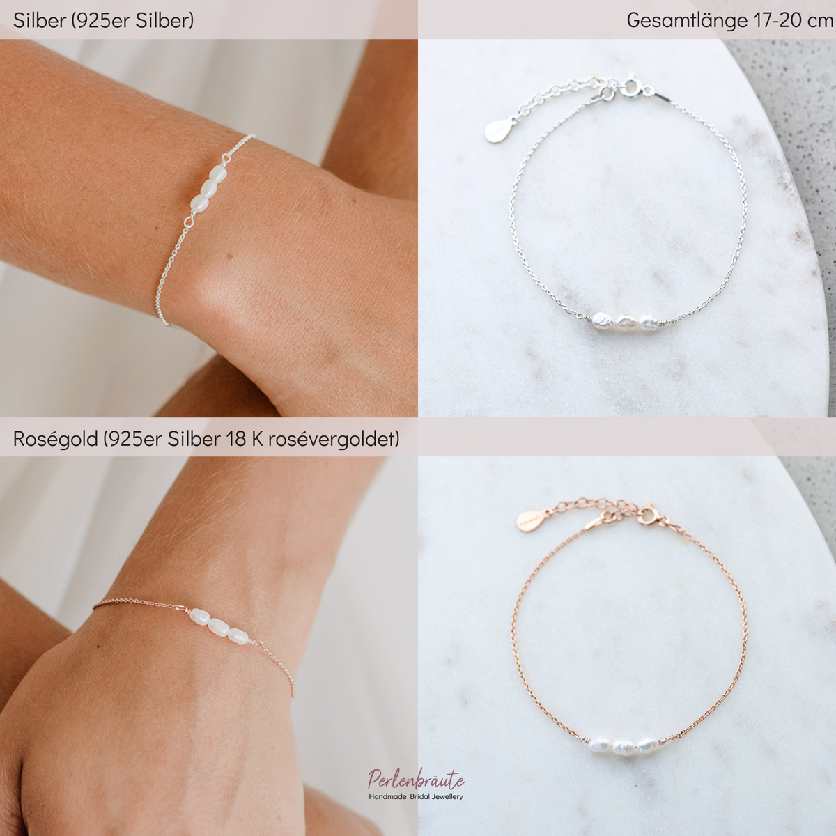 Im Vergleich - Brautarmband Amelie in Gold und Rosévergoldet mit kleinen echten Süßwasserperlen, am Model getragen in Nahaufnahme