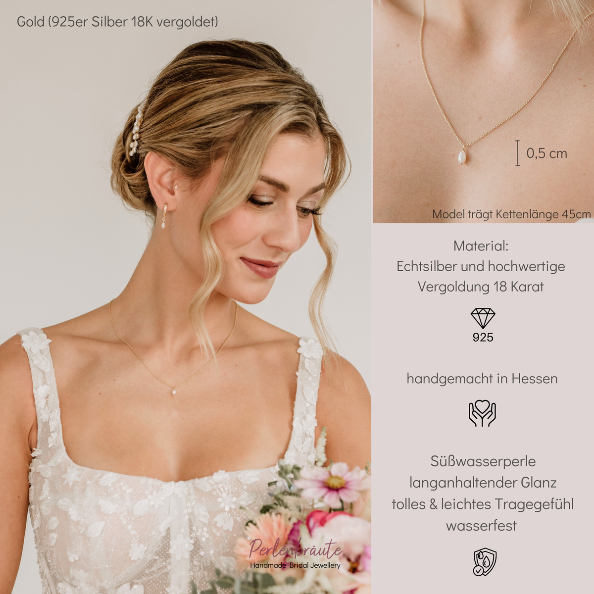 Zarte Brauthalskette Amelie aus 925 Sterlingsilber 18K vergoldet mit kleiner echter Süßwasserperle, getragen von einem Model