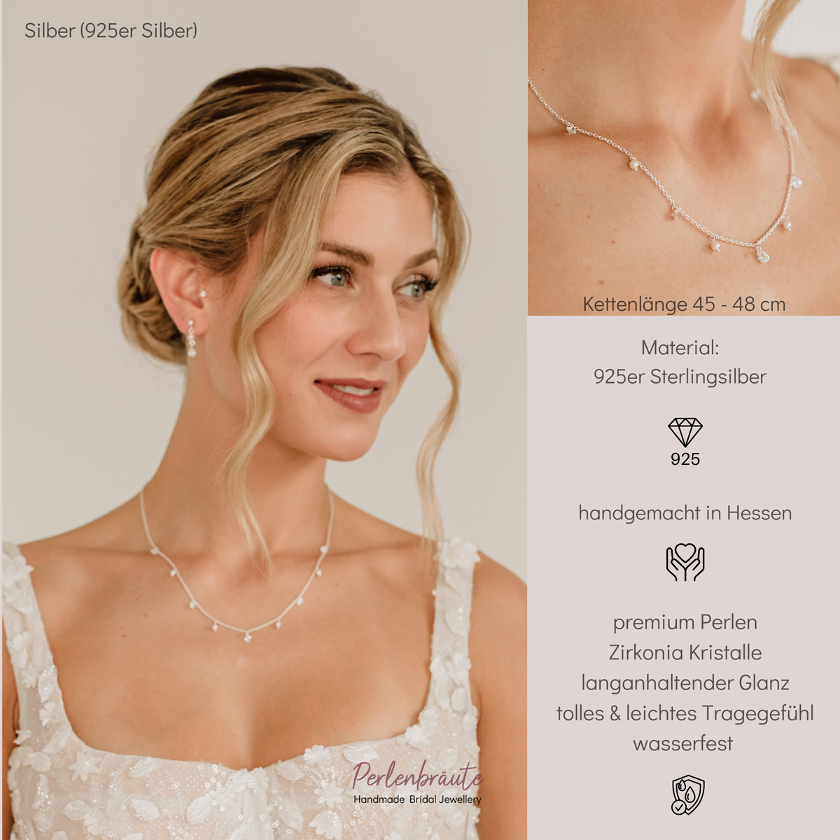 Brauthalskette Amina aus 925 Sterlingsilber mit veganen Perlen und Kristallen entlang der Kette, getragen am Model