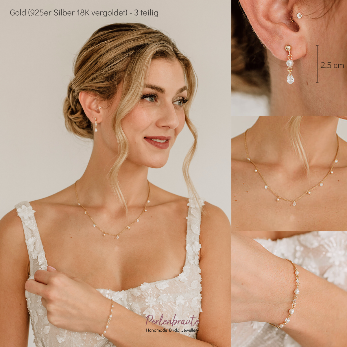 3-teiliges Brautschmuckset Amina aus 925 Sterlingsilber 18K vergoldet – Ohrringe, Halskette und Armband mit veganen Perlen und Kristallen im Wechsel, am Model