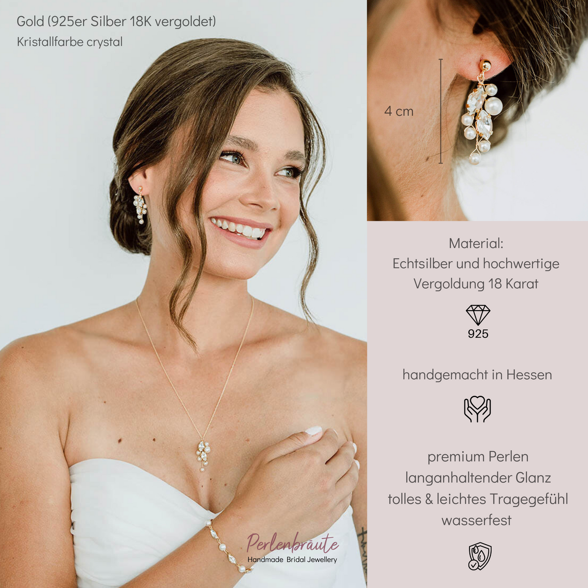 Ohrringe Ana 925 Sterlingsilber 18K vergoldet mit funkelnden Kristallen und veganen Perlen, getragen von einem Model