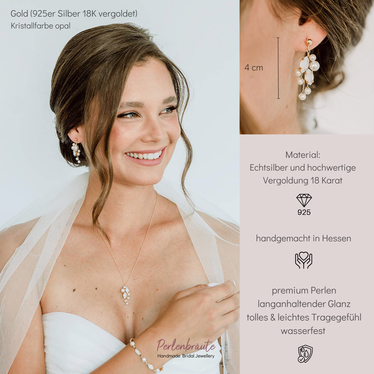 Ohrringe Ana 925 Sterlingsilber 18K vergoldet mit white opal Kristallen und veganen Perlen, getragen von einem Model