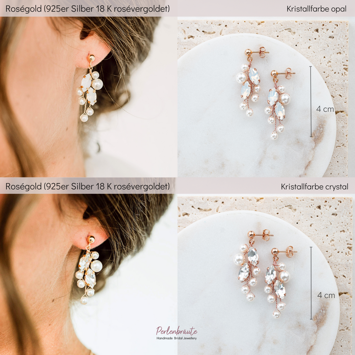 Brautohrringe Ana im Vergleich – 925 Sterlingsilber 18K rosévergoldet mit white opal und klaren Kristallen und veganen Perlen
