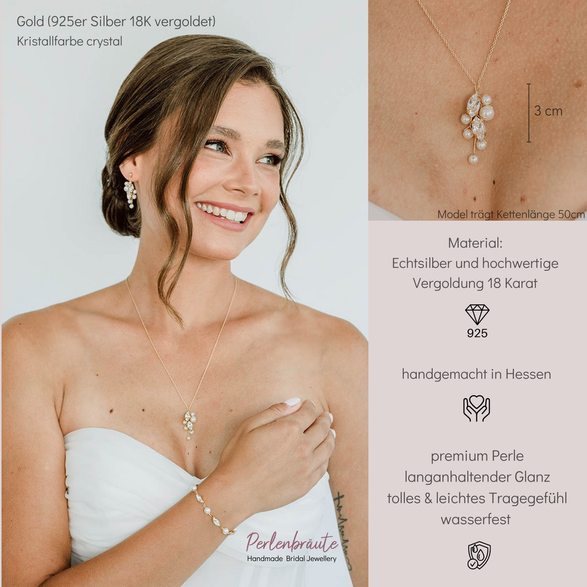Brauthalskette Anastasia aus 925 Sterlingsilber 18K vergoldet mit veganen Perlen und blattförmigen crystal Kristallen, getragen vom Model