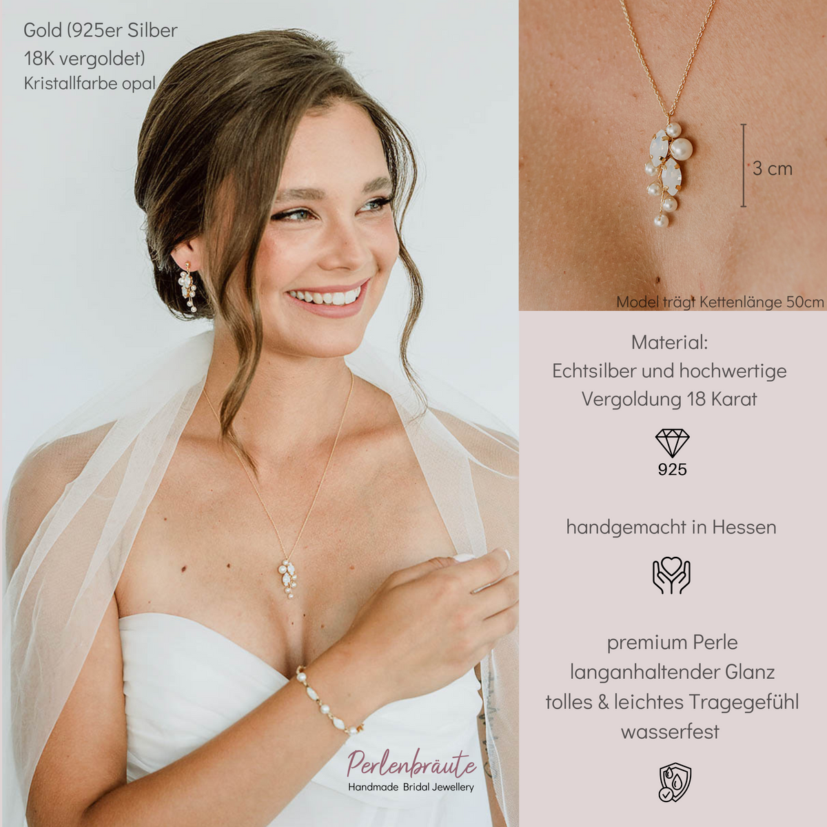 Brauthalskette Anastasia aus 925 Sterlingsilber 18K vergoldet mit veganen Perlen und blattförmigen white opal Kristallen, getragen vom Model