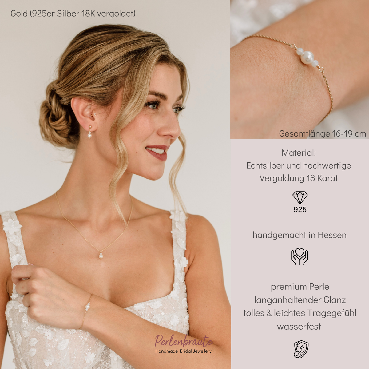 Brautarmband Ari mit veganen Perlen und Opal-Kristallperlen aus 925 Sterlingsilber 18K vergoldet, von einer Braut am Handgelenk getragen