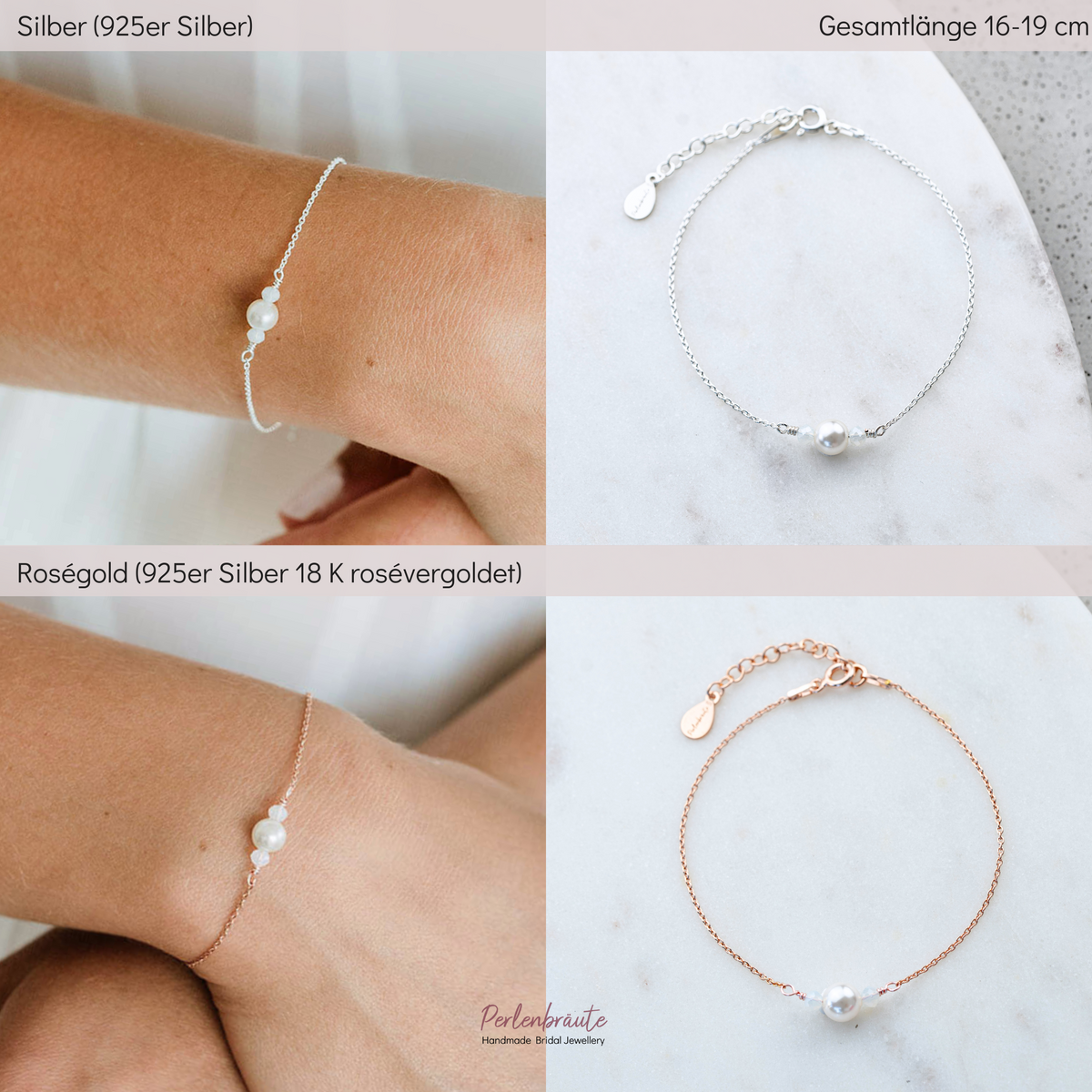 Im Vergleich - Dezentes Perlenarmband Ari Silber und Rosévergoldet mit veganer Perle und white opal-Kristallperlen