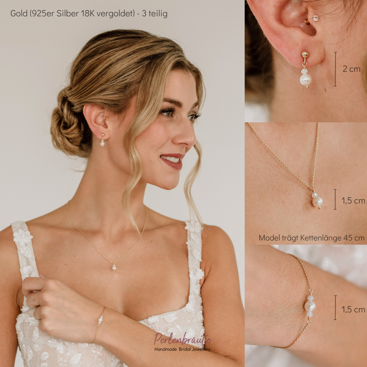 3-teiliges Brautschmuckset Ari aus 925 Sterlingsilber 18K vergoldet – Ohrringe, Halskette und Armband mit veganen Perlen und Kristallperlen white opal, am Model