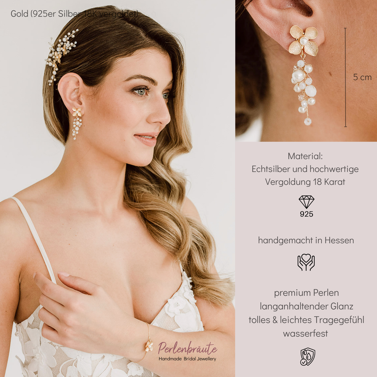 Brautohrringe Babsi aus 925 Sterlingsilber 18K vergoldet mit floralen Blüten und veganen Perlen, am Model getragen