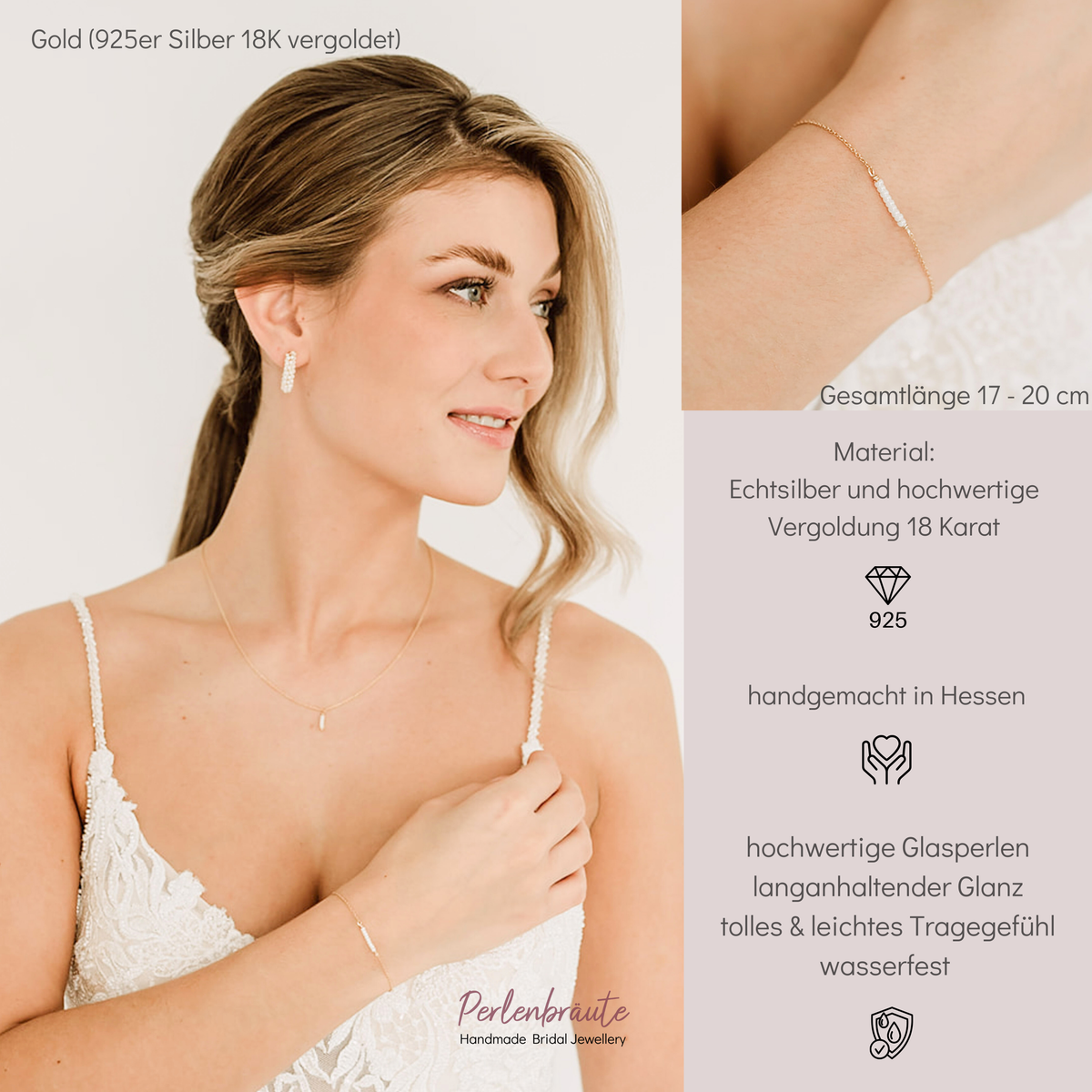 Brautarmband Belina aus 925 Sterlingsilber 18K vergoldet mit kleinen Perlen, mittig am Armband, am Model getragen
