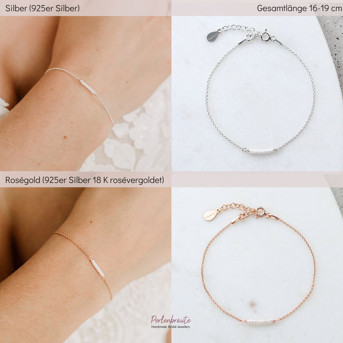 Im Vergleich - Brautarmband Belina silber und rosévergoldet mit kleinen Perlen, mittig am Armband