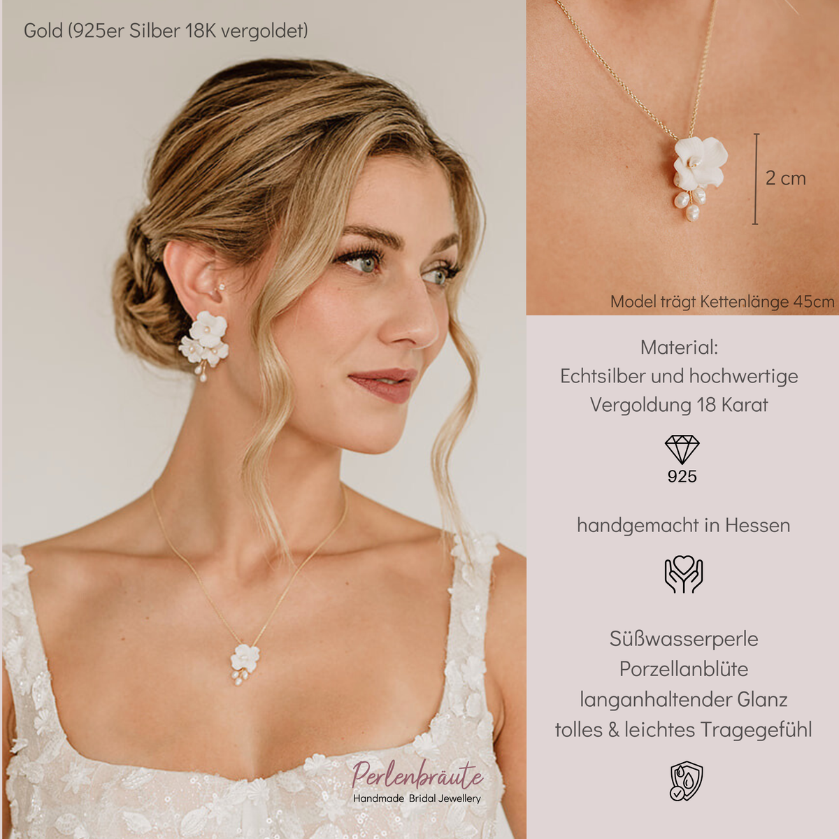 Brauthalskette Coco aus 925 Sterlingsilber 18K vergoldet mit weißer Porzellanblüte und Süßwasserperlen, am Model getragen