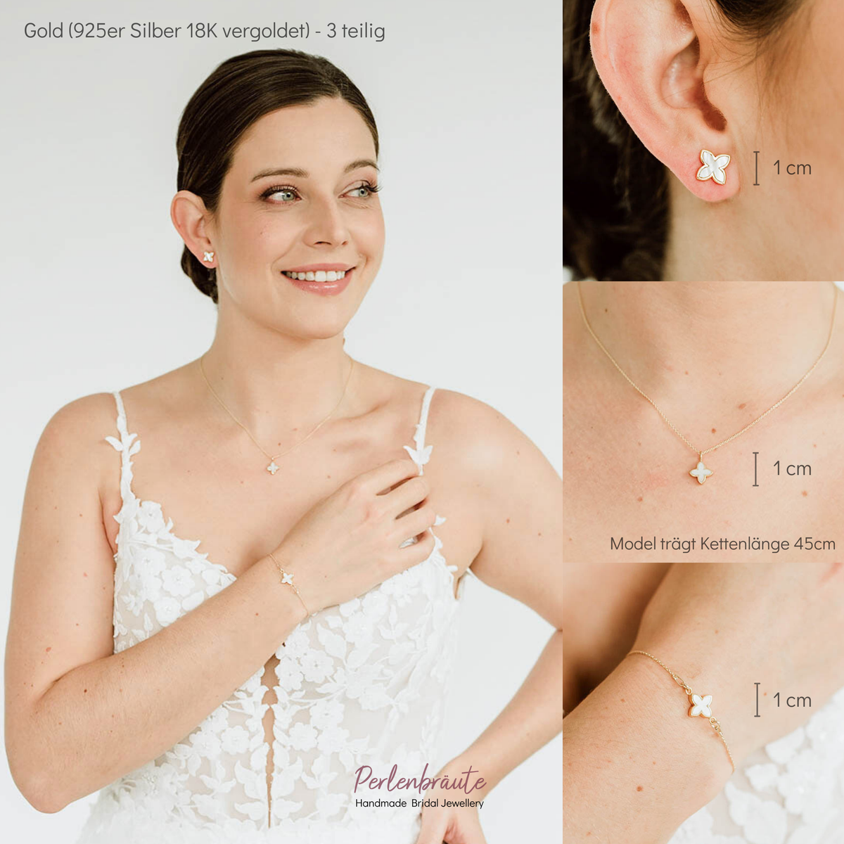 3-teiliges Brautschmuckset Daisy aus 925 Sterlingsilber 18K vergoldet – Ohrringe, Halskette und Armband mit perlmuttfarbener Blüte, getragen am Model