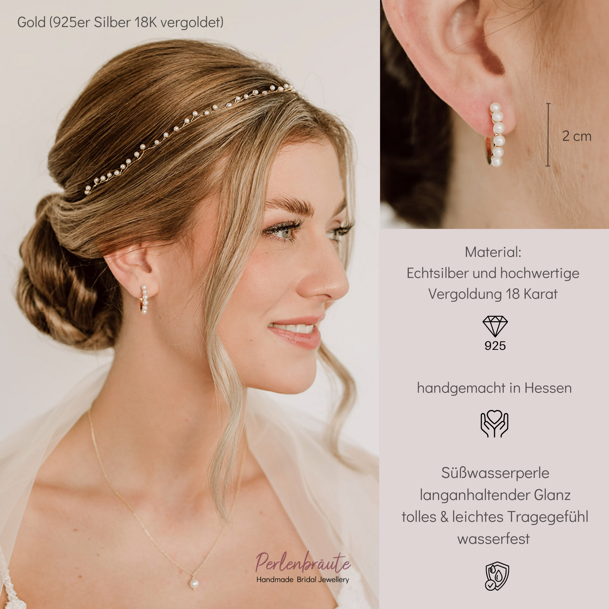 Creolen Elli aus 925 Sterlingsilber 18K vergoldet mit kleinen Süßwasserperlen, handgefertigt, getragen von einem Model mit passendem Haarschmuck und Halskette