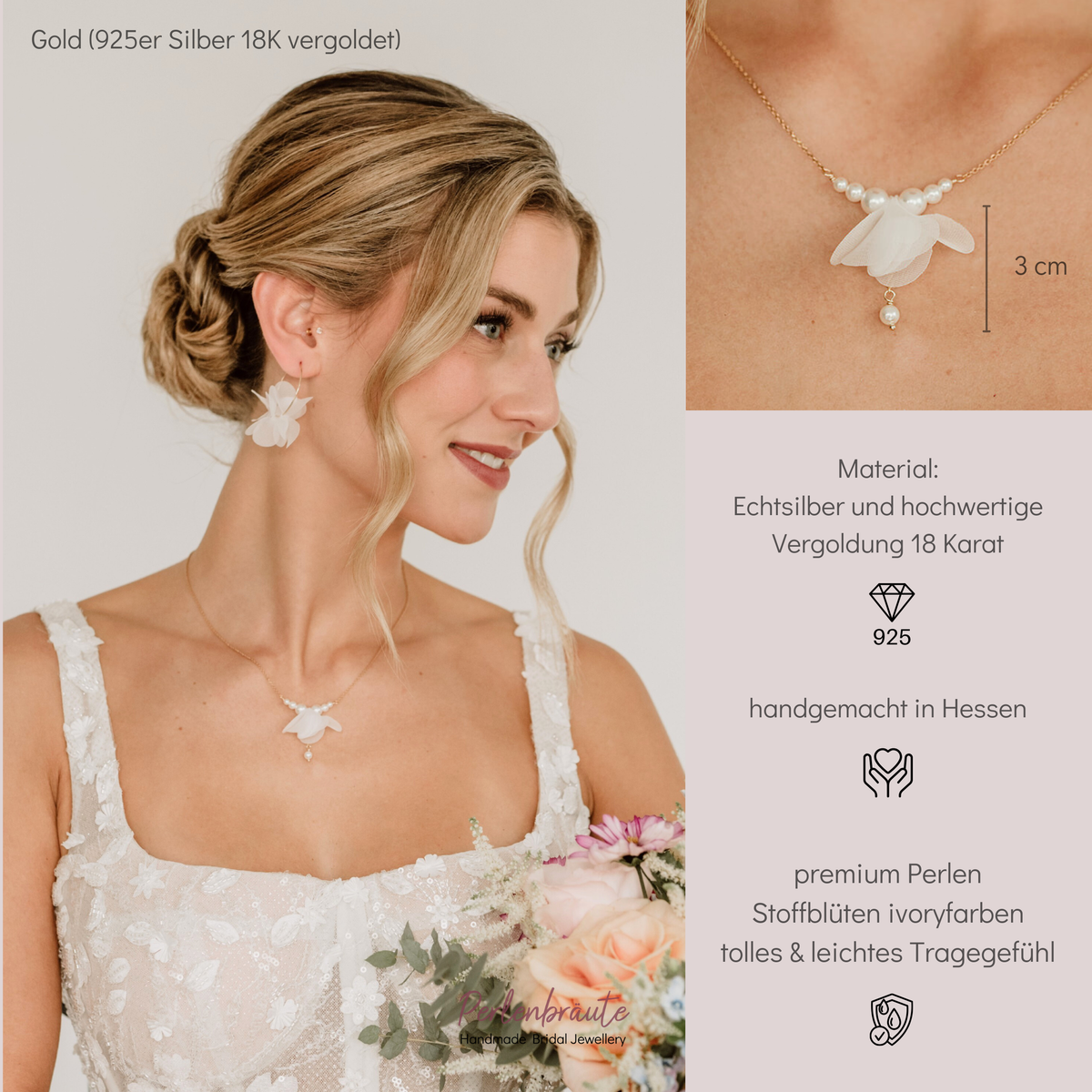 Brauthalskette Flora aus 925 Sterlingsilber 18K vergoldet mit weißer Stoffblüte und veganen Perlen, am Model getragen