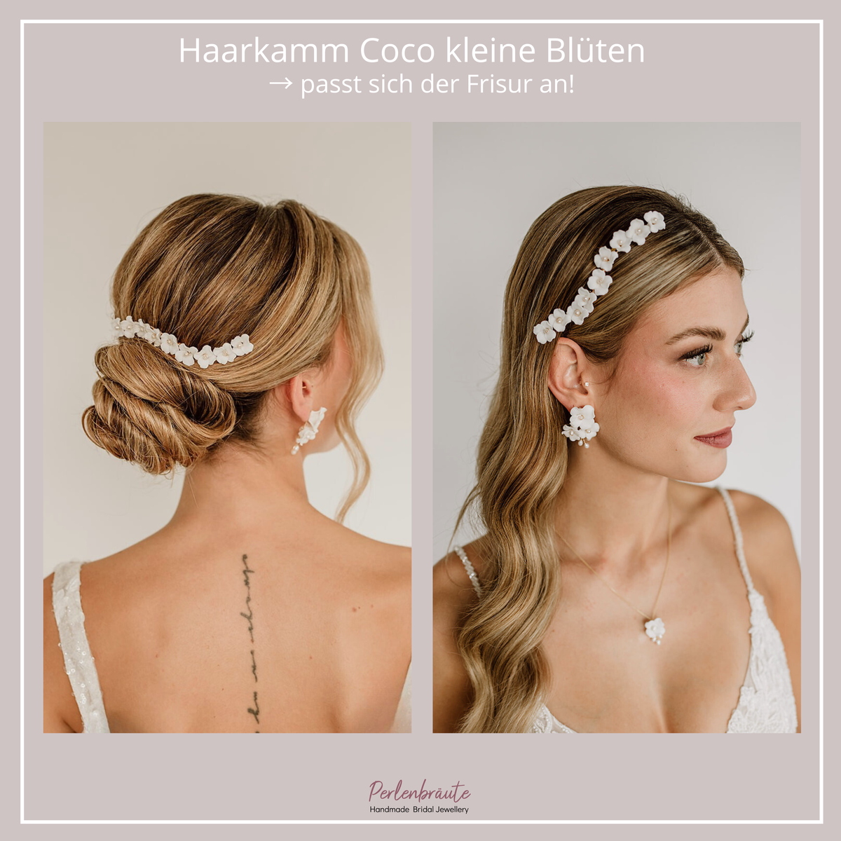 Braut Haarkamm Coco dezent im Vergleich bei unterschiedlichen Frisuren getragen