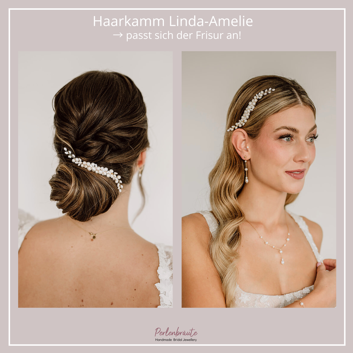 Braut Haarkamm Linda-Amelie in Gold  im Vergleich in geschlossener und halboffener Brautfrisur getragen