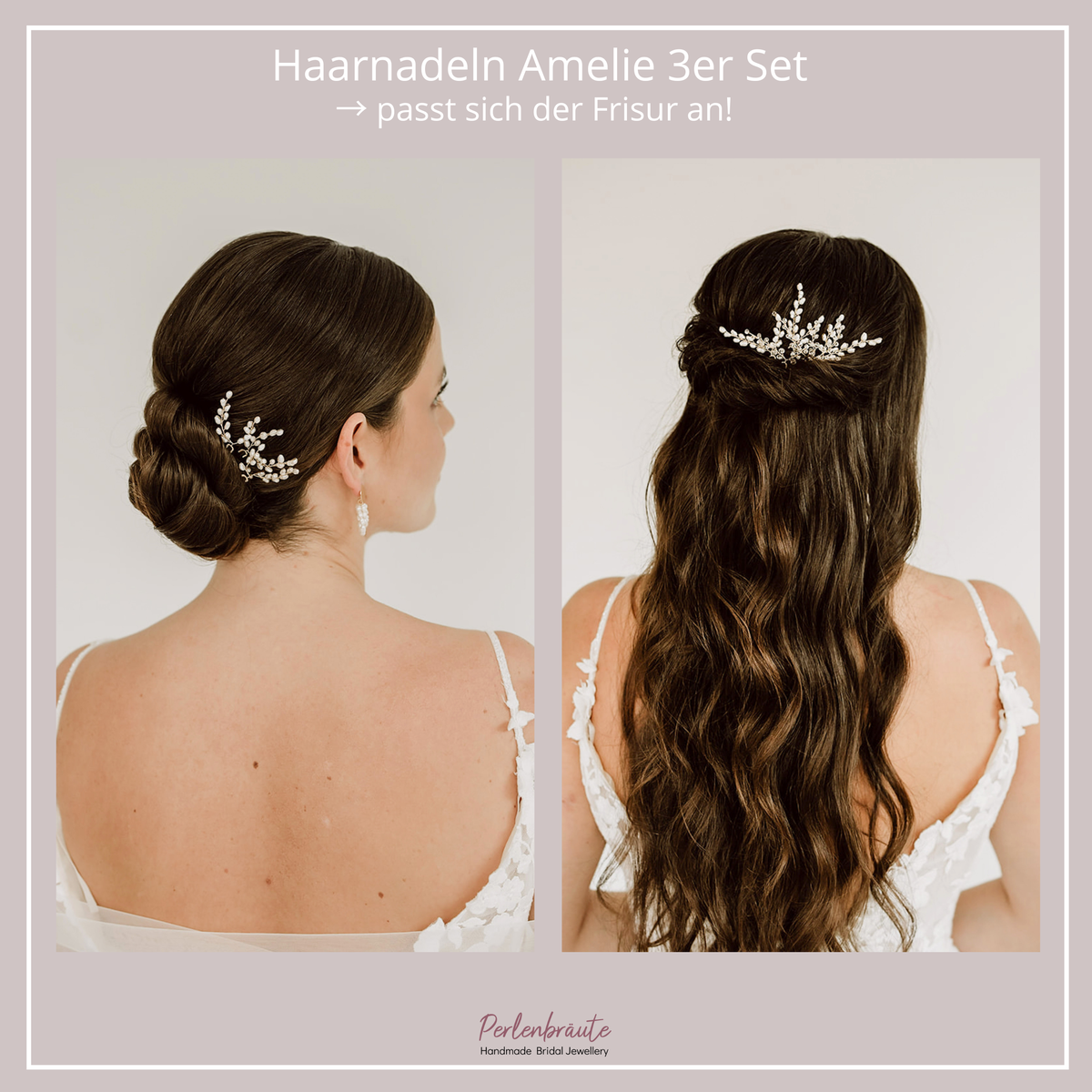 Im Vergleich - 3er Set Braut Haarnadeln Amelie in Gold mit echten Süßwasserperlen, getragen in einer eleganten Hochsteckfrisur und einer halboffenen Brautfrisur