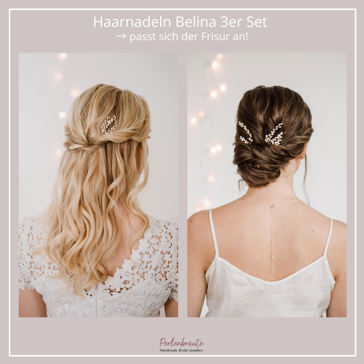 Im Vergleich - 3er Set Braut Haarnadeln Belina in Gold mit kleinen veganen Glasperlen, getragen in einer  halboffenen und hochgesteckten Brautfrisur