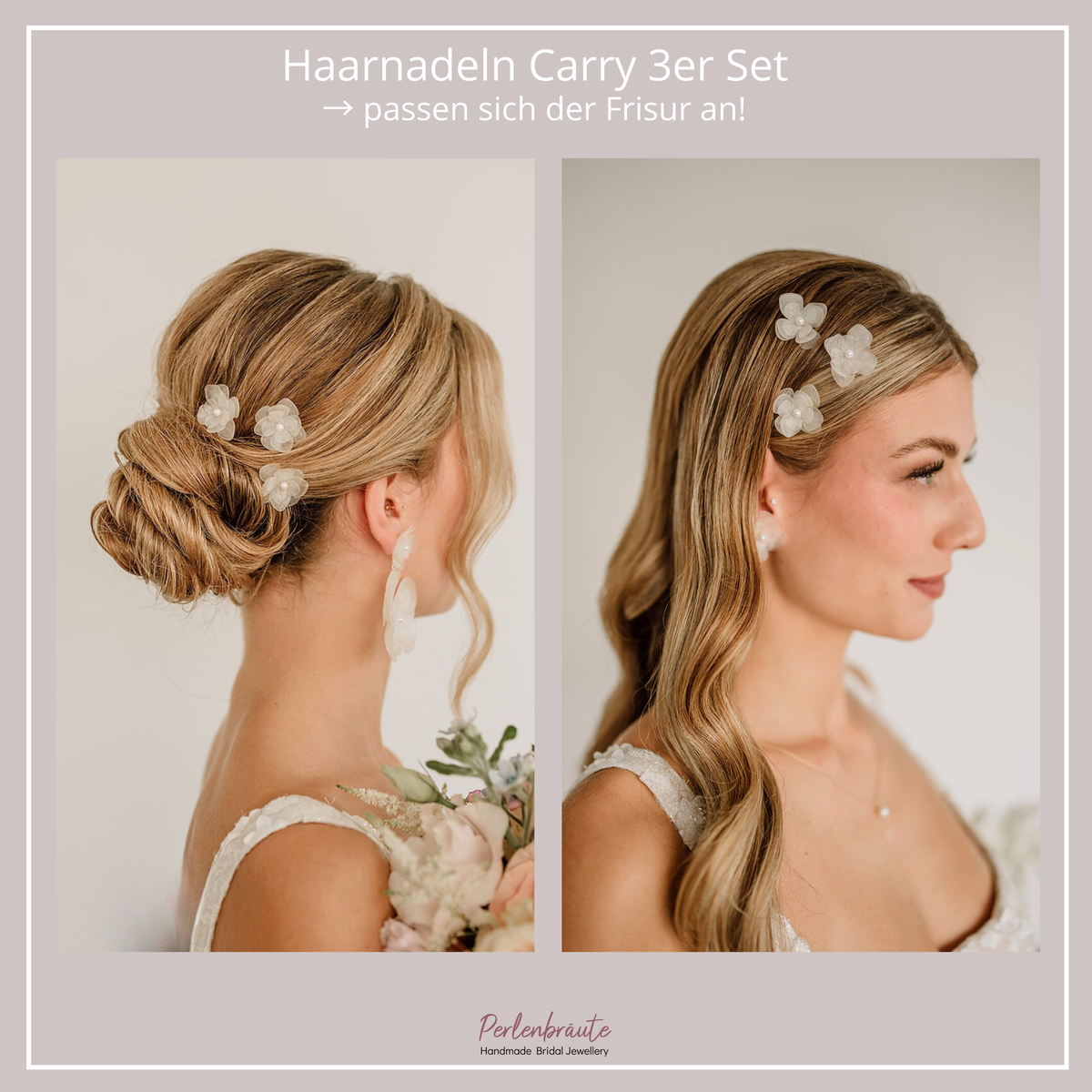 Im Vergleich - Braut Haarnadeln Carry in Gold mit weißen Blüten aus biobasiertem, nachhaltigen Material und kleinen, veganen Perlen, getragen in einer eleganten Hochsteckfrisur und offener Brautfrisur