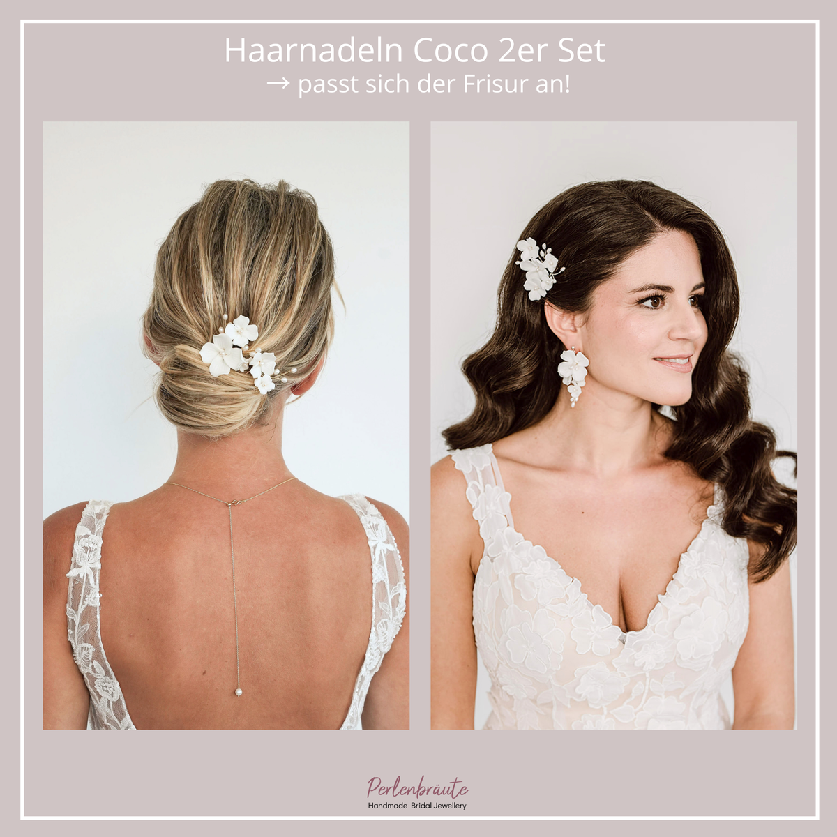 Im Vergleich - Braut Haarnadeln Coco in Gold mit weißen Porzellanblüten und echten Süßwasserperlen, getragen in einer eleganten Hochsteckfrisur und offenem Haar