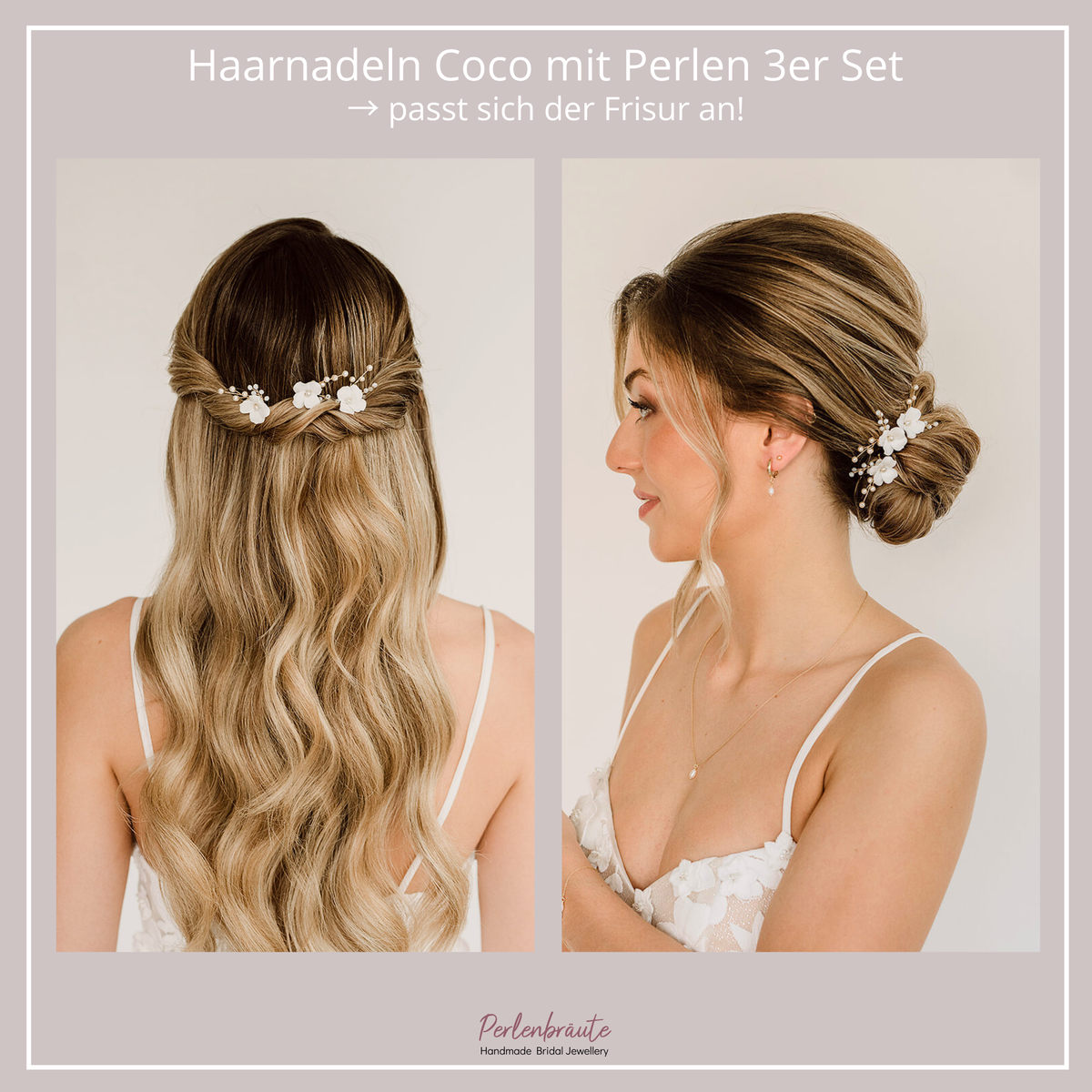 Vergleichsbild in halboffener und geschlossenen Brautfrisur - 3er Set Braut Haarnadeln Coco mit weißen Porzellan Blüten und veganen Perlen in Gold