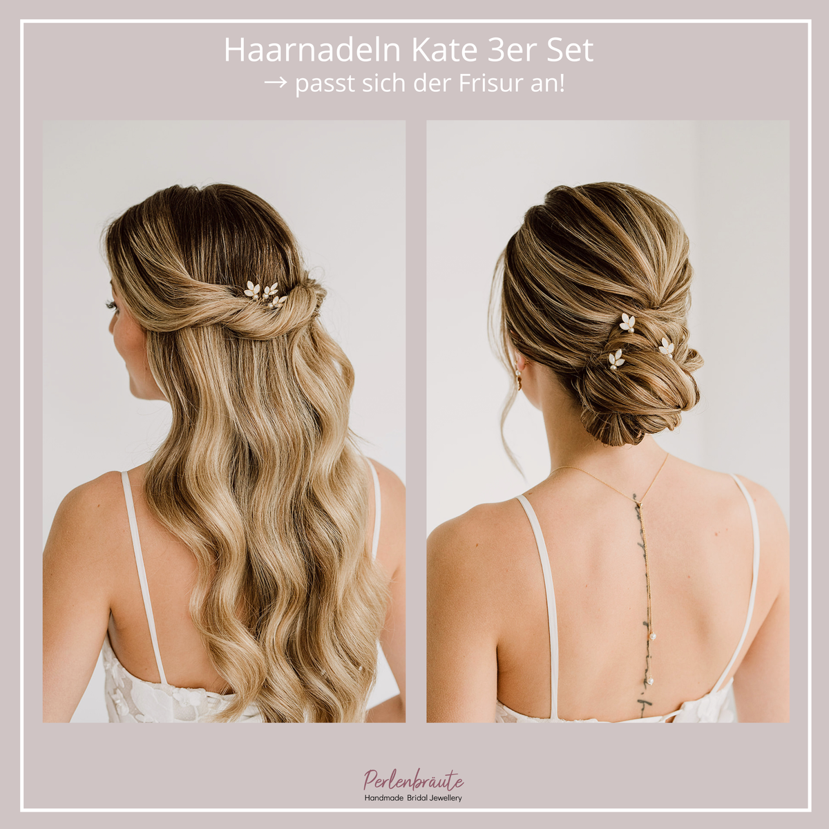 Im Vergleich - 3er Set Braut Haarnadeln Kate in Gold mit white opal Kristallblättern und veganer Perle, getragen in einer eleganten Hochsteckfrisur und einer halboffenen Brautfrisur