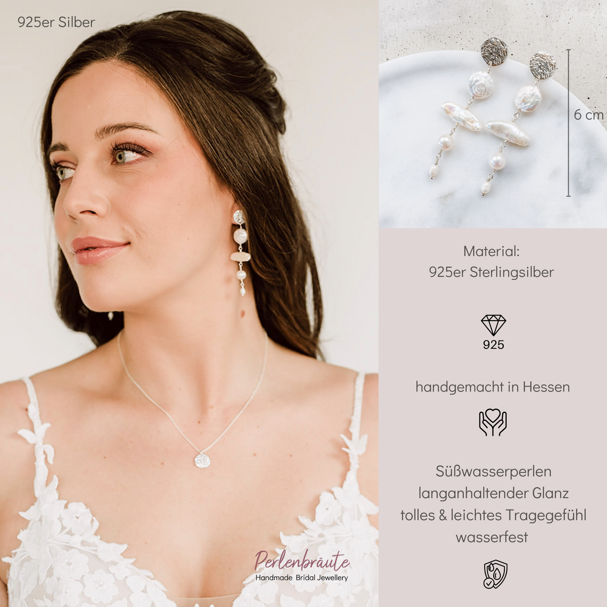 Braut Ohrringe Hannah aus 925 Sterlingsilber mit gehämmerter, runder Platte und darunter hängenden, echten Süßwasserperlen unterschiedlicher Größe, am Model getragen mit passender Halskette Johanna