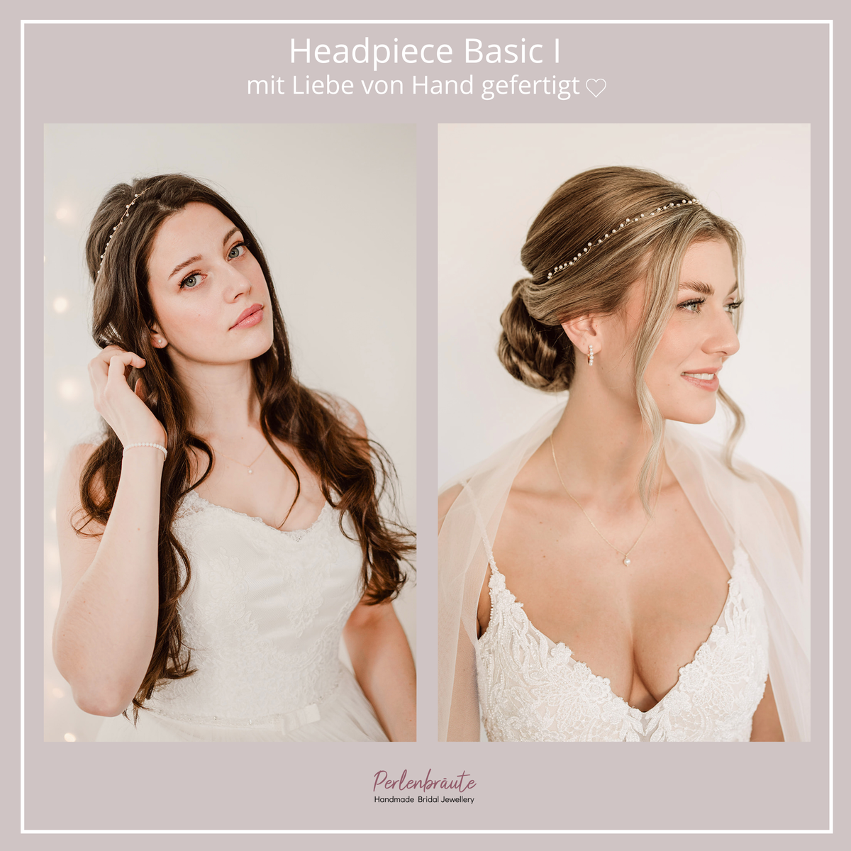 Im Vergleich - Braut Headpiece Basic I in Gold mit kleinen, veganen Perlen, am Model getragen im offenen Harr und eleganter Brauthochsteckfrisur