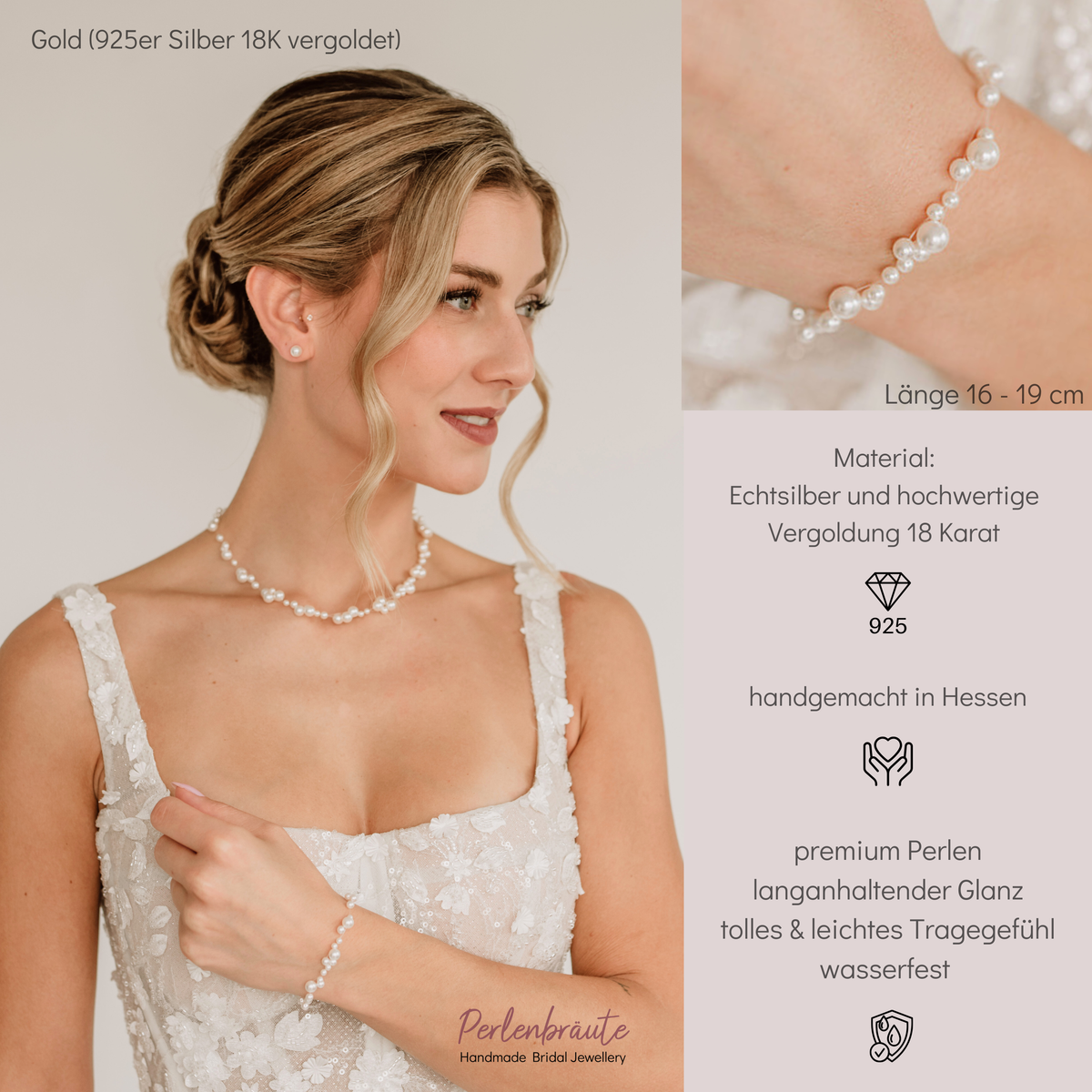 Brautarmband Jasmin mit schwebenden veganen Perlen unterschiedlicher Größe und 925er Sterlingsilber 18K vergoldetem Verschluss, am Model getragen